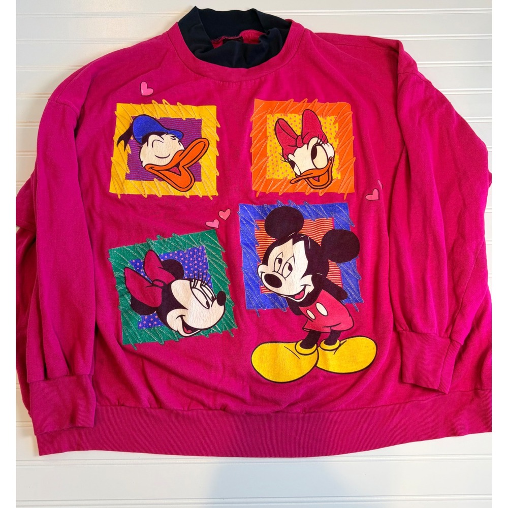 Vintage Mickey Unlimited Disney Characters Sweatshirt Pink Mock Neck 90s Large